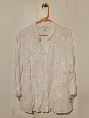 NWT - Charter Club White Linen Embroidered Button-Down Shirt